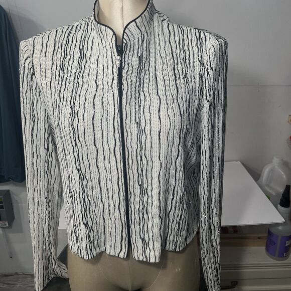 ALEX EVENINGS Sparkle Metallic Bolero Shrug Cocktail Jacket 16 white blk silver - Picture 1 of 14